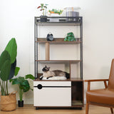 Cat Litter Box Enclosure with Shelves & Scratching Posts — Wooden Cat Tree in White + Vintage