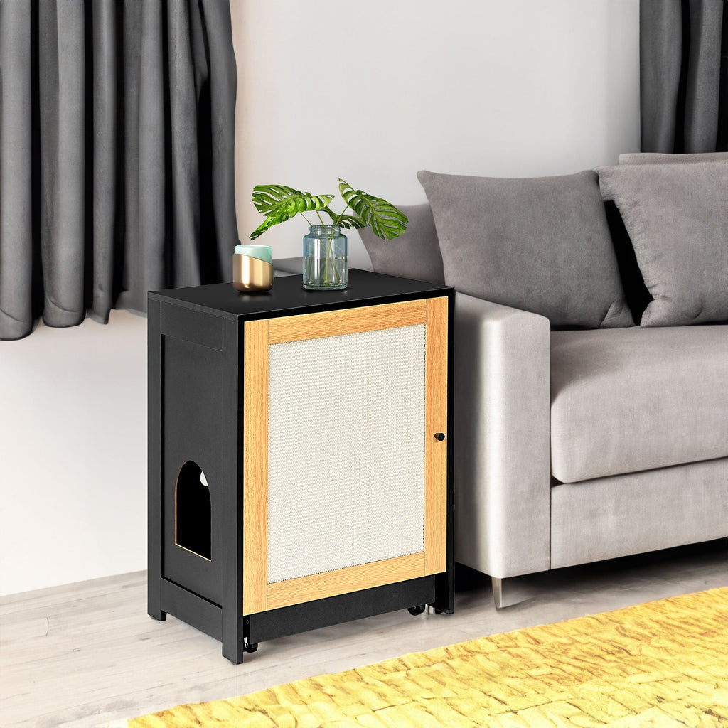 Cat Litter Box Enclosure with Sisal Door — Hidden Cat Washroom & Kitty End Table (Light Oak & Black)