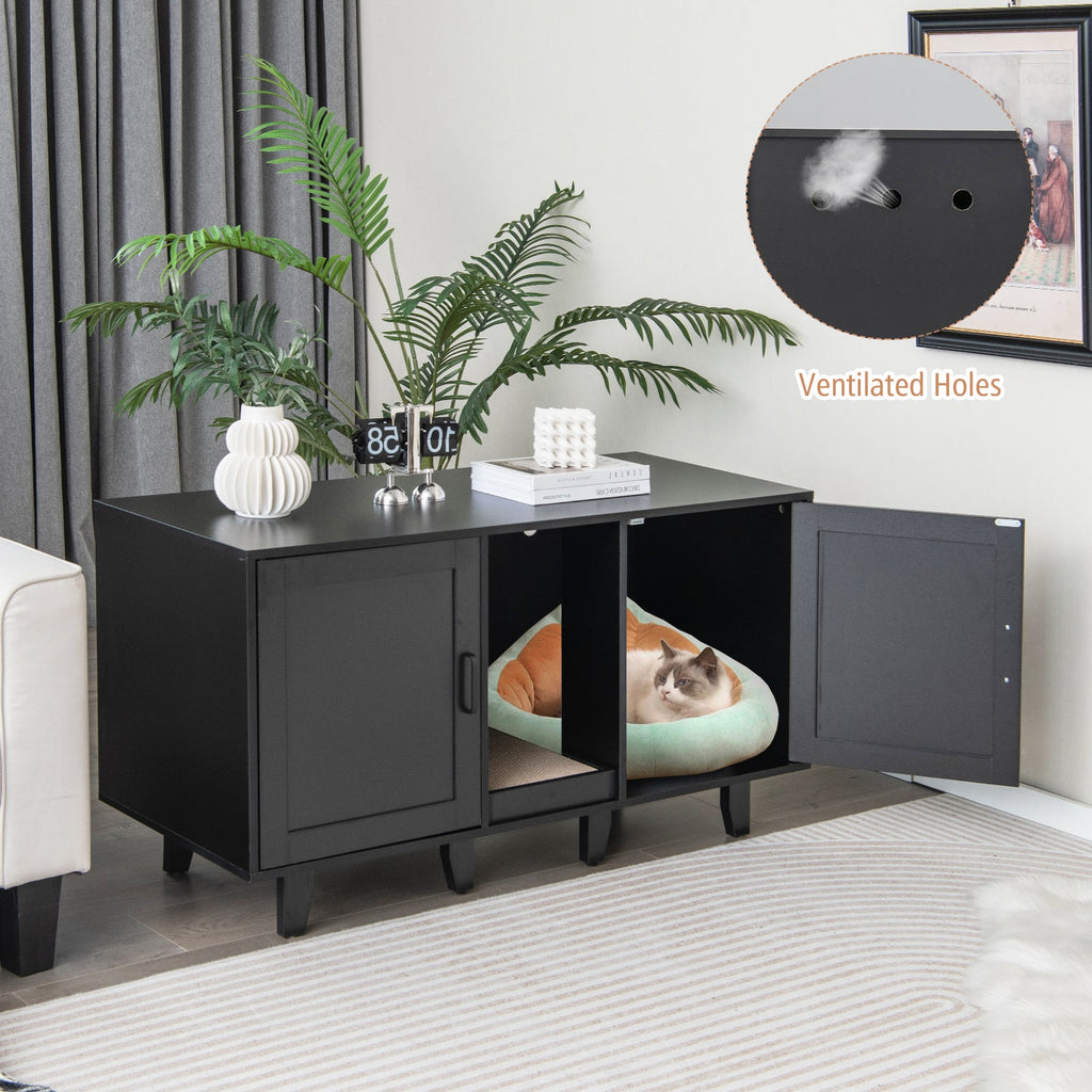 2‑Door Cat Litter Box Enclosure with Winding Entry & Scratching Board — Modern Black