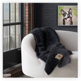 Grey blanket draped over a white chair with a window and framed picture of a dog in the background