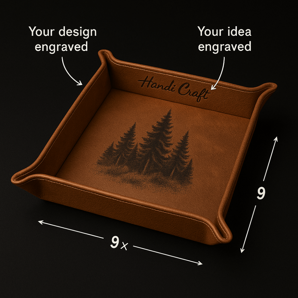 Personalized Leather Catchall Tray — Laser‑Engravable Desk Organizer - 9 x 9