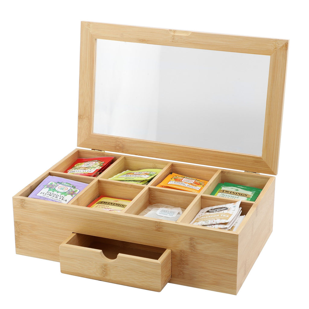 Bamboo Tea Box Organizer with Acrylic Window — with Pull-Out Drawer | 13" x 8"