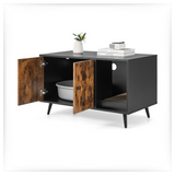 Black and brown sideboard with open doors on a white background