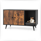 Wooden cabinet with a cat inside on a white background