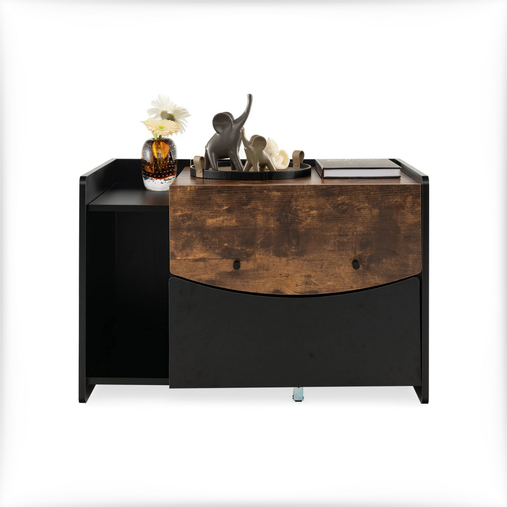 Wooden desk with black base on a white background