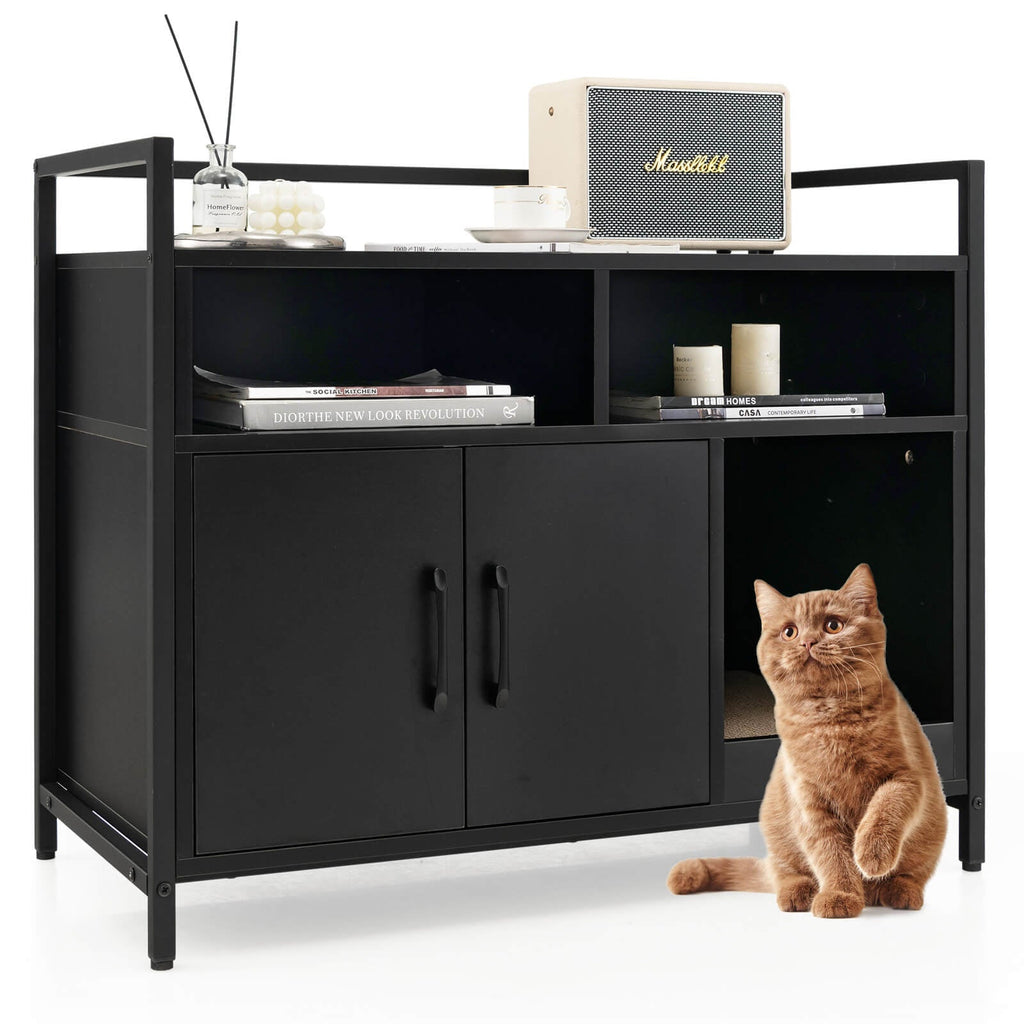 Hidden Cat Washroom with Double Doors & Scratch Cardboard — Modern Metal‑Frame Enclosure